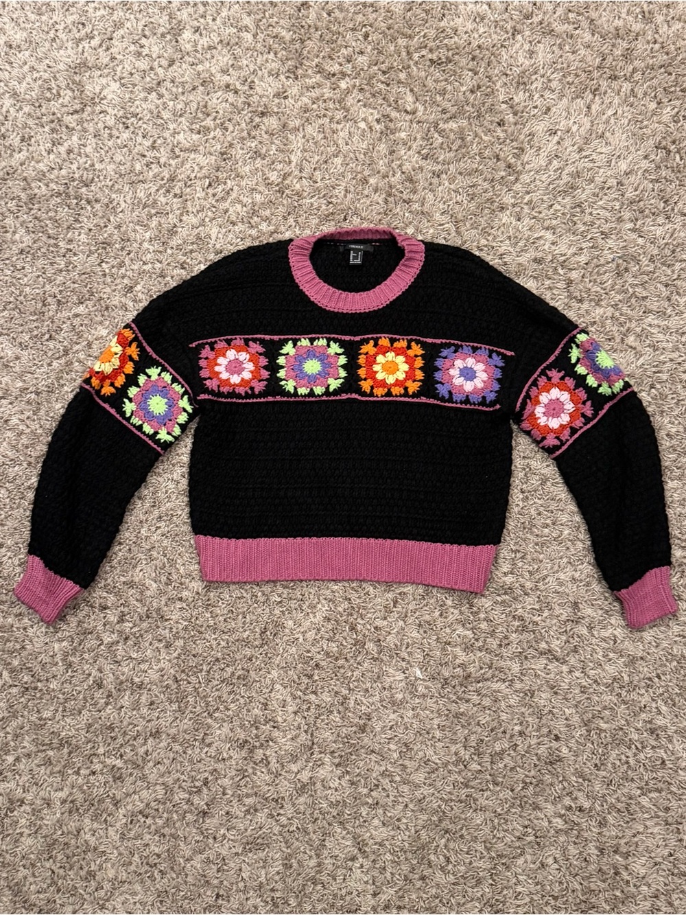 Forever 21 Black Sweater with Pink Trim and Multicolor Floral Panels